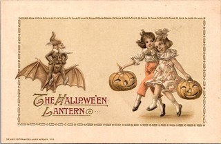 Winsch Embossed Halloween Postcard Gnome Rides Bat Girls Skipping w/ J o Ls