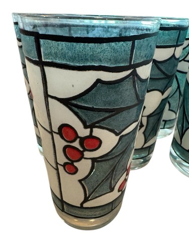 West Virginia Snowy Holly Berry Stained Glass Tumblers Set of 5 Holiday 12 oz - Picture 5 of 8