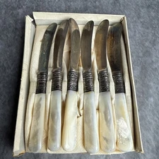 Antique Set Of 6 Meriden Cutlery Co Knives MOP Handles Sterling Silver Ferrule