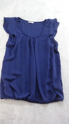 AMISU Sheer Blouse Womens S Ruffled Sleeve Navy Blue Round Neck Career Classic