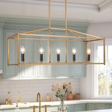 Modern 5-Light Gold Linear Chandelier, 30” Rectangle Pendant Light with Open ...