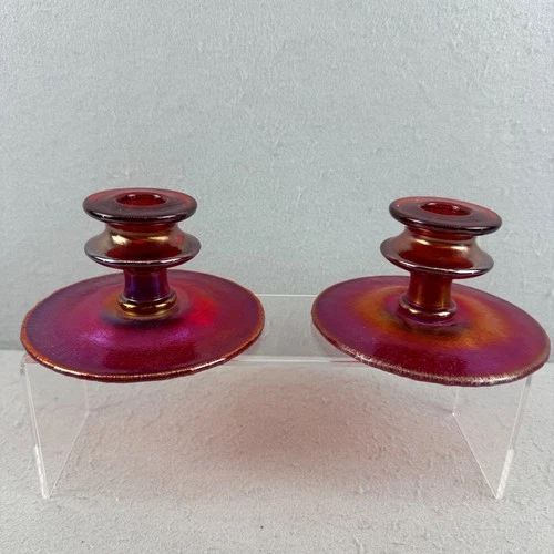 Fenton Iridescent Red Stretch Glass Candlestick Holders Set of 2 USA Handmade