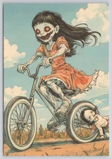Creepy Zombie Girl on Bicycle Horror Art New 2025 Image Card 4x6 Blank Back