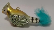 Hand Blown Glass Yellow Finch Bird Christmas Hanging Ornament 6" Blue Feather 