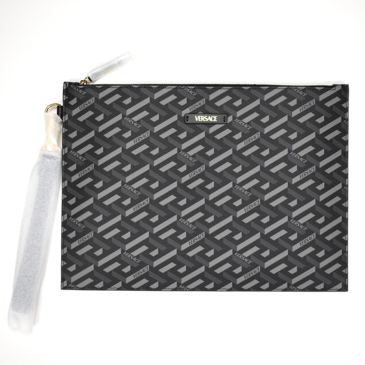 NWT $895 Versace Large Greca Monogram Logo Zip Pouch Wristlet