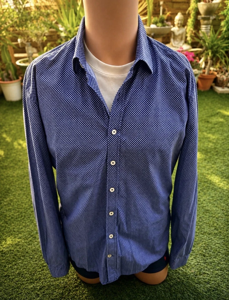 Café Coton Chemise habillée homme bleu motif géométrique col classique 42 cm - Photo 1/4