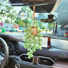 Crochet Plant Car Hanging, Knitted Succulent Rear View Mirror Decor