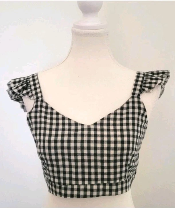 Top corto vintage Cottagecore Boho guinga negro blanco crudo detalle aleteo Foto 2 de 4