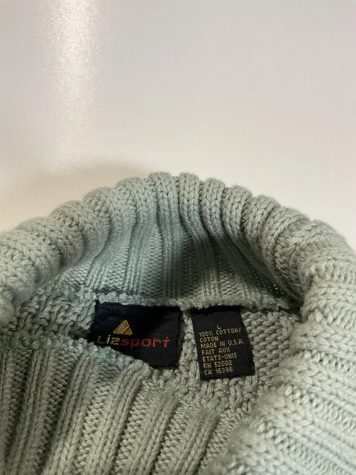 Suéter Vintage Liz Sport Tejido con Cable Talla M Cuello Alto Verde Menta Hecho en EE. UU. Años 90 Foto 4 de 4