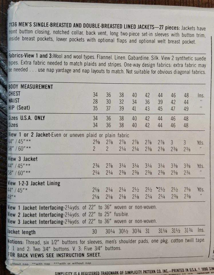 UCFF Mens Sz 42-48 Simplicity 7136 Lined Jacket Single Double Breasted Pattern   - Image 2 of 2