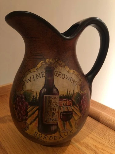 Wine Country Pitcher, Painted Ceramic Decor "Wine Growing Bordeaux 1855" ~ EUC