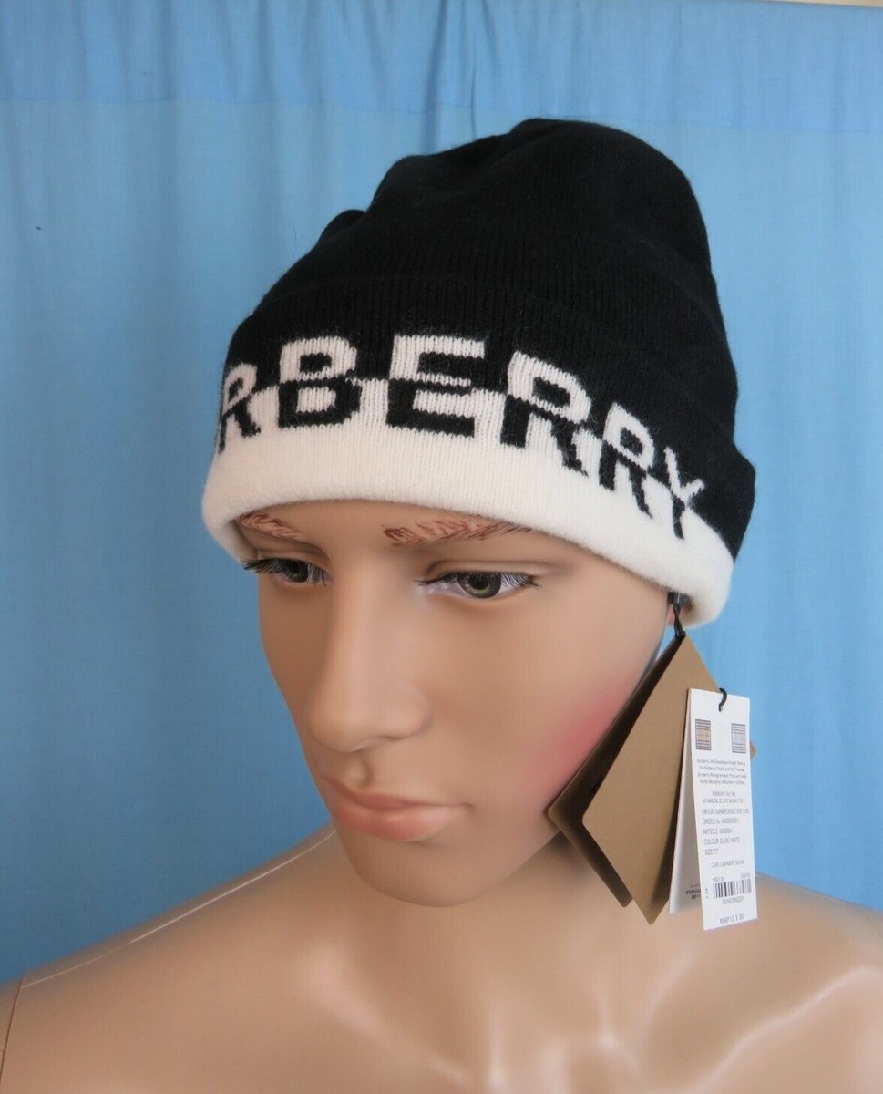NWT BURBERRY CORE BLACK WHITE CASHMERE LETTERING LOGO BEANIE HAT