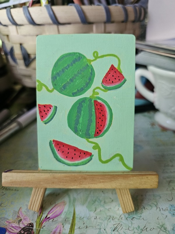 Aceo original painting watermelon fruit summer whimsical by lemonflowersunshine