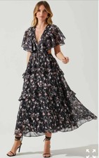 ASTR The Label Dress Womens Black Floral Ruffle Cutout Tiered Maxi Romantic