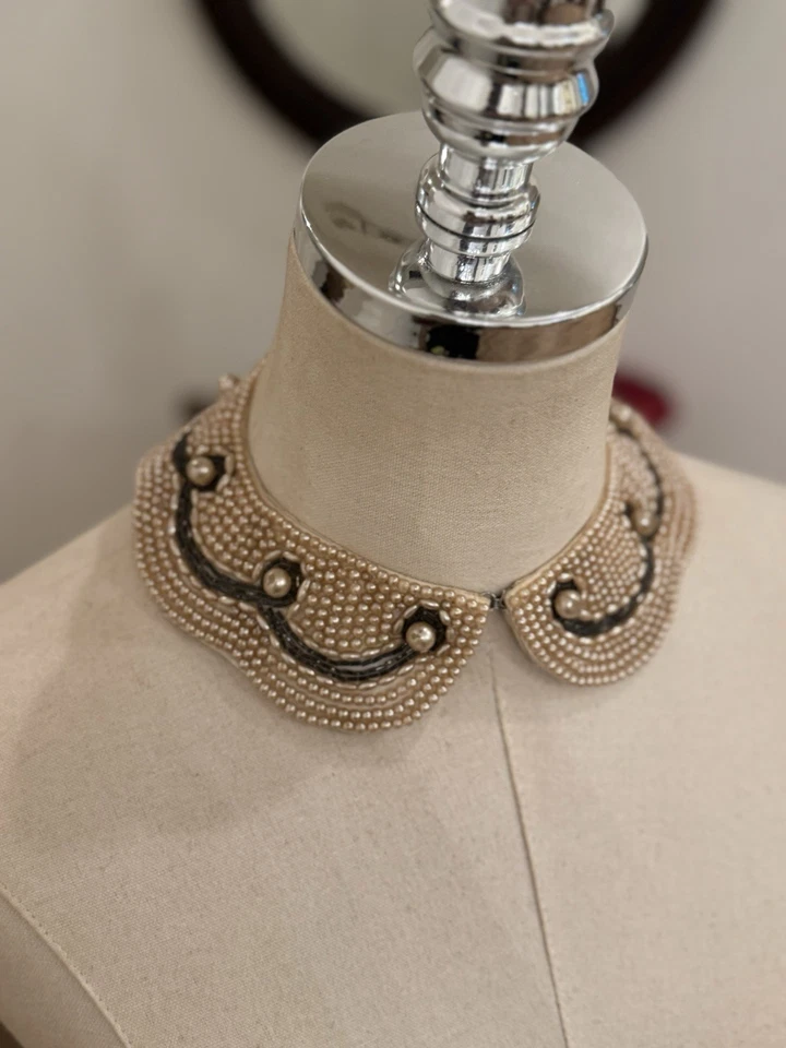 Vintage Beaded (Japan) And Handmade Crocheted Bib Collar Linen Blend 1940s -50s  - Image 2 of 4