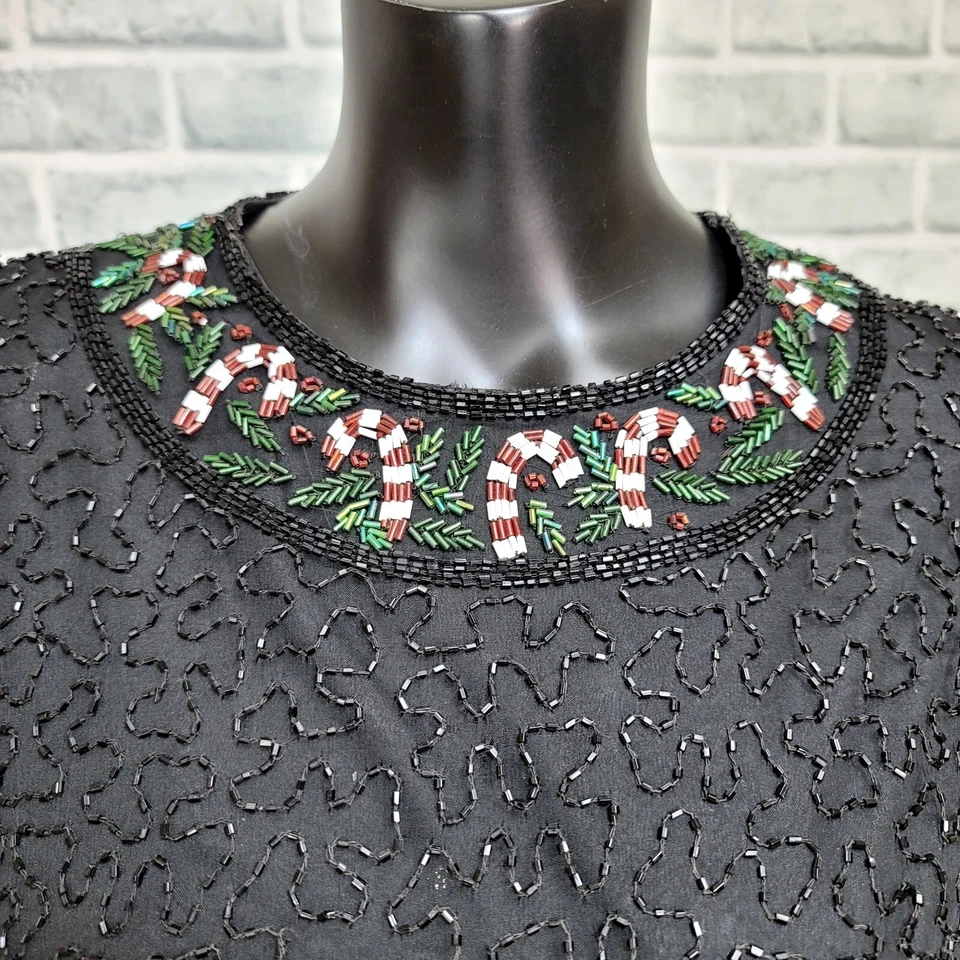Vintage 80s Laurence Kazar PXL Silk Beaded Sequin Black Red Candy Cane Christmas - Image 3 of 4