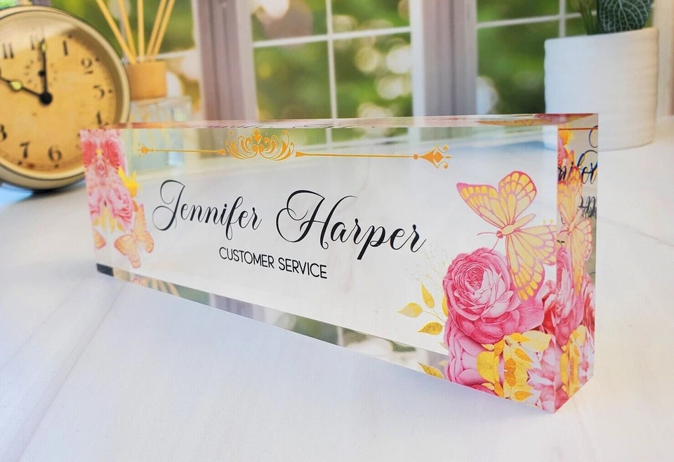 Personalized Clear Acrylic Name Plate Plaque for Desk Flower Butterfly CAB09FW - Image 2 of 4