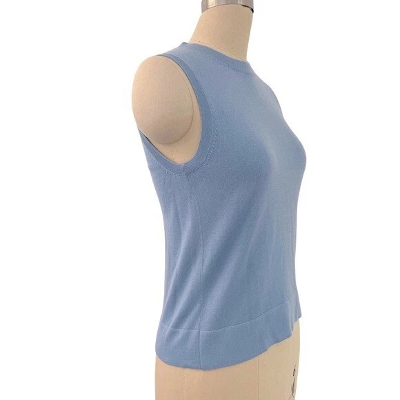 100% 正品 Carolina Herrera 羊绒丝绸蓝色无袖上衣毛衣 S / P — 第 3/4 张图片