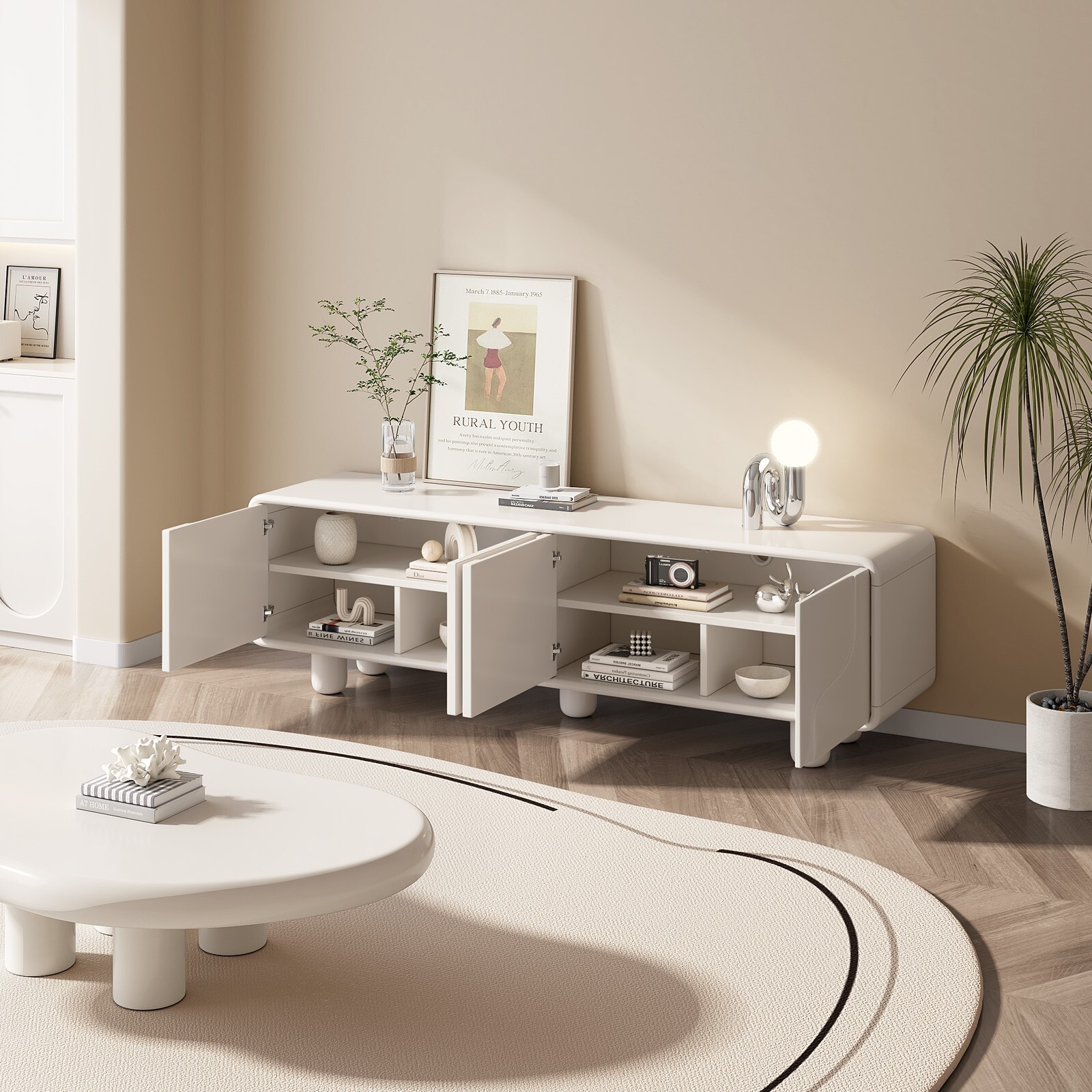 Guyii TV Stand Cream White TV Cabinet with Storage Stable For Living Room Modern