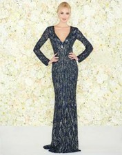 MAC DUGGAL 4578D Navy Midnight Blue Metallic Beaded Long Sleeve Maxi Gown 14 💙