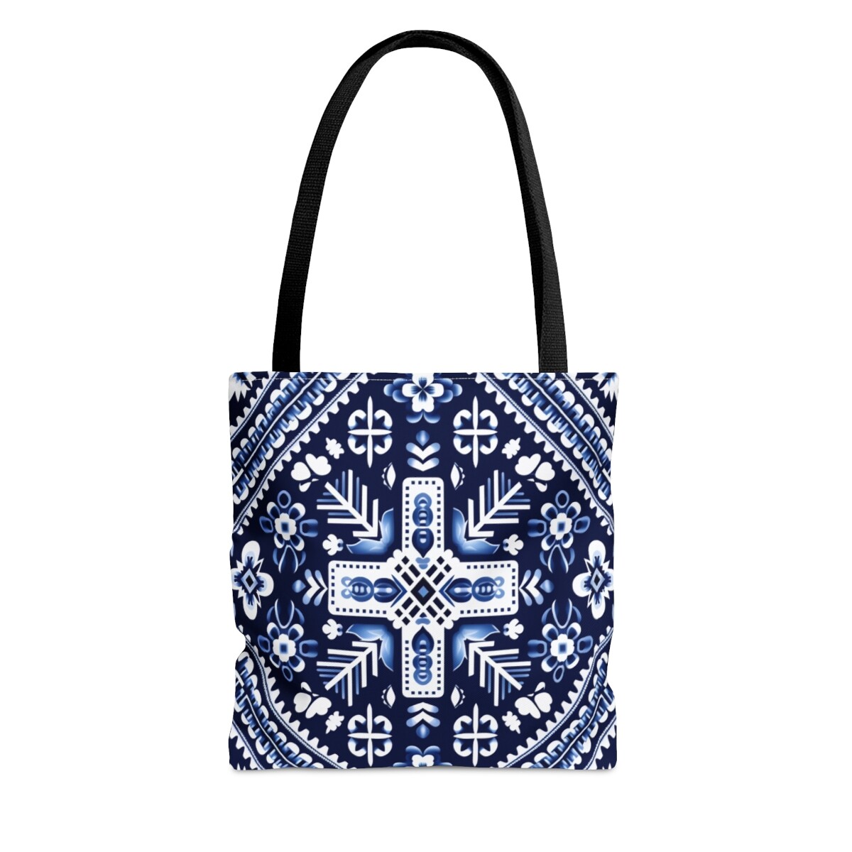 Tote Bag Cross Navy Blue White Bandana Mexican Tile Print Gift Bag Reusable-image