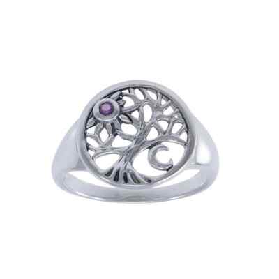 Tree of Life Genuine Amethyst 925 Sterling Silver Ring Fine Symbolic Jewelry