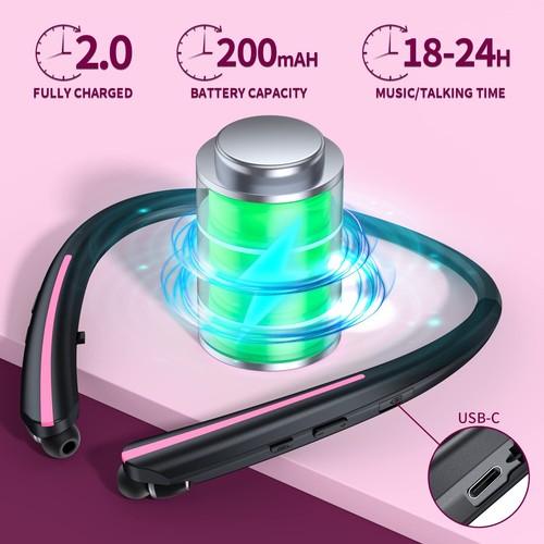 Retractable Bluetooth Neckband Headphones - Wireless Headset with High Volume... - Picture 3 of 7