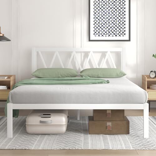 Bed Frame, Metal Platform Bed Frame Queen Cream White With Headboard 14