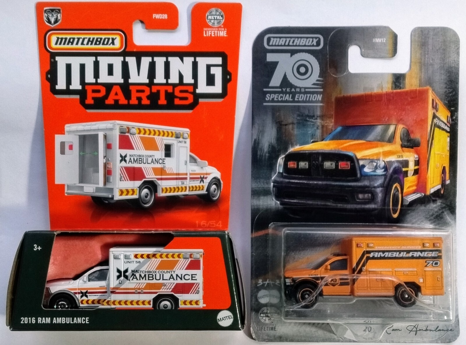 Matchbox Moving Parts White 2016 and Yellow 2019 Special Edition Ram Ambulance