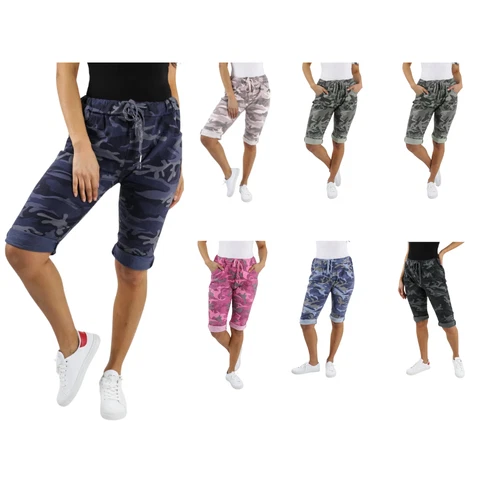 Ladies Italian Stretch Shorts Women's camouflage Plain Magic Comfy Lagenlook Hot