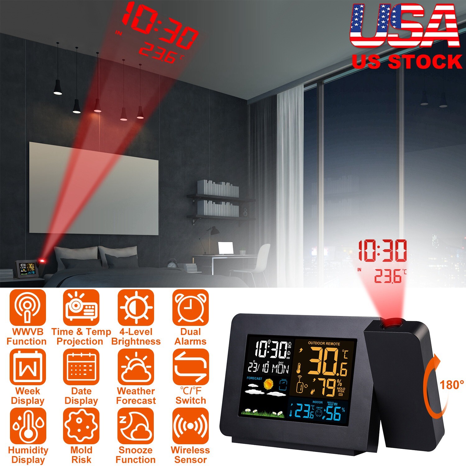 Atomic Projection Alarm Clock Large Digital LCD Dual Alarm Clock Snooze Weather-image