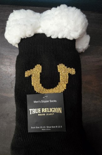 True Religion Men's Slipper Socks Fleece Lined Black w/Gold Logo Shoe Sz 8-12.5 - Picture 2 of 3