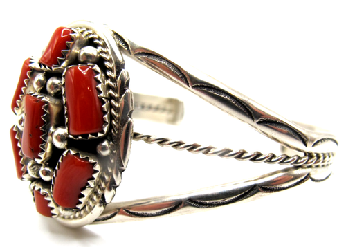 STERLING SILVER NAVAJO ARTIST SIGNED CORAL CUFF BRACELET - Picture 4 of 5