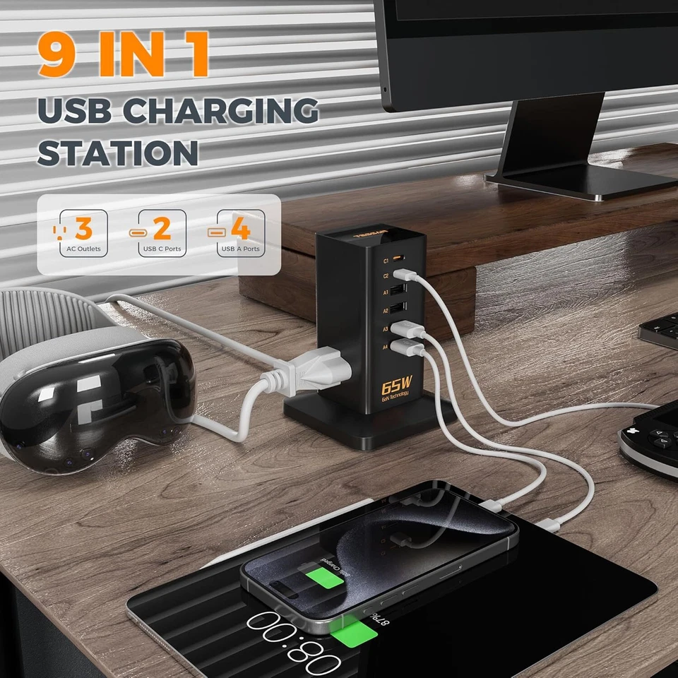 65W Charging Station with 6 USB Ports&3 AC Outlets Charger Tower for Home Office - Image 2 of 4