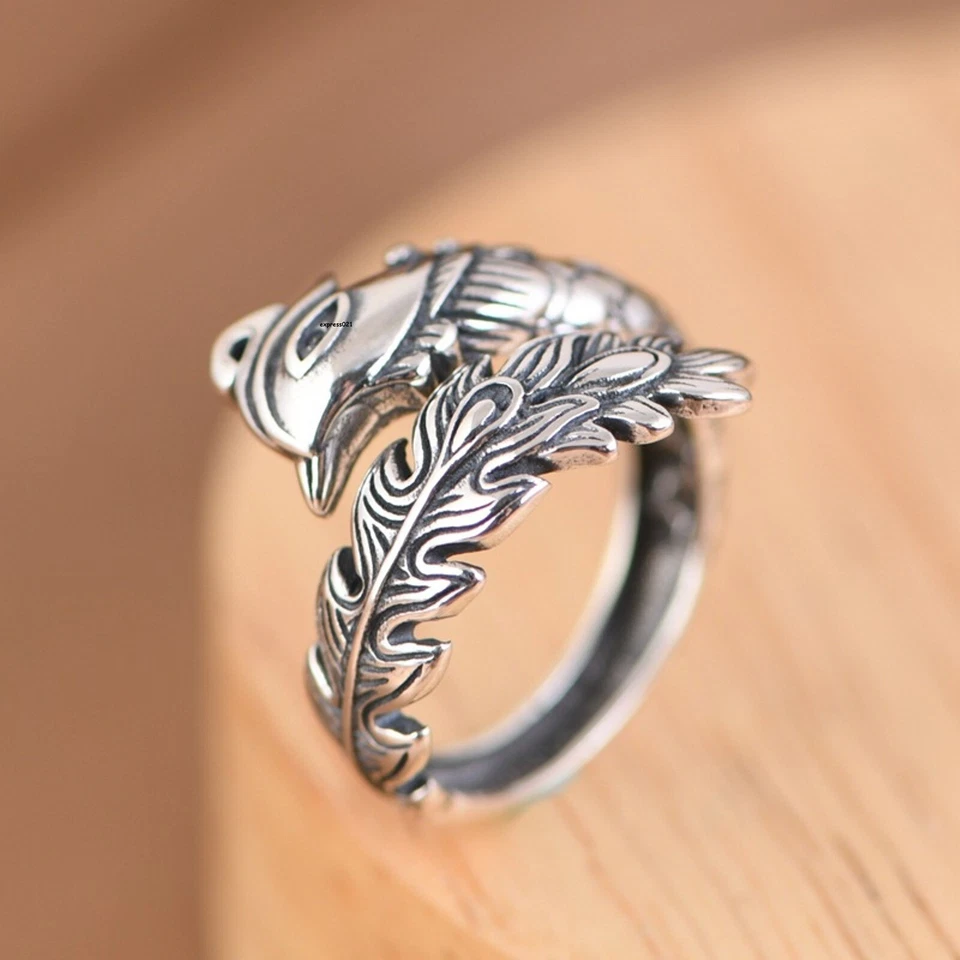 Real Solid 925 Sterling Silver Band Men Women Lucky Phoenix Feather Open Ring - Image 3 of 4