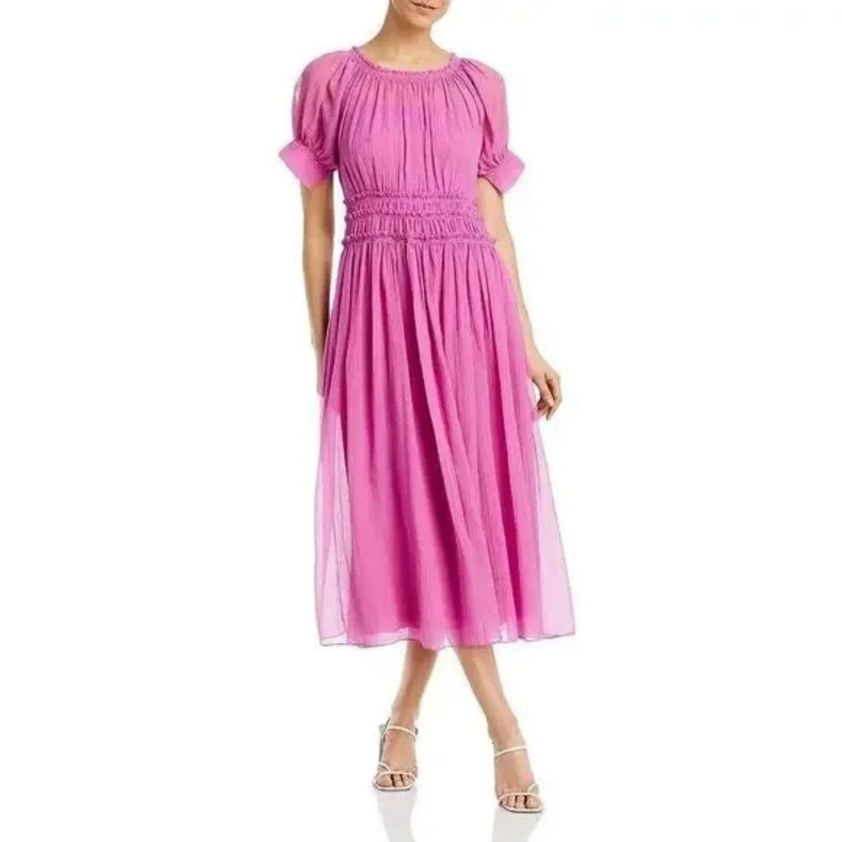 Rebecca Taylor Chiffon Short Sleeve Smock Waistline Midi Dress Pink Size 14