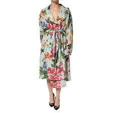 DOLCE & GABBANA Dress Green Floral Silk Wrap Midi Long Sleeve IT42/US8/M 8830usd