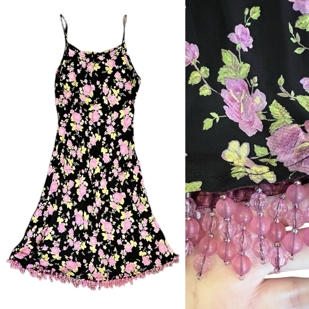 Betsey Johnson 花柄 ワンピース Vintage Betsey Johnson Floral Rose Beaded Noisemaker Slip Dress Sz