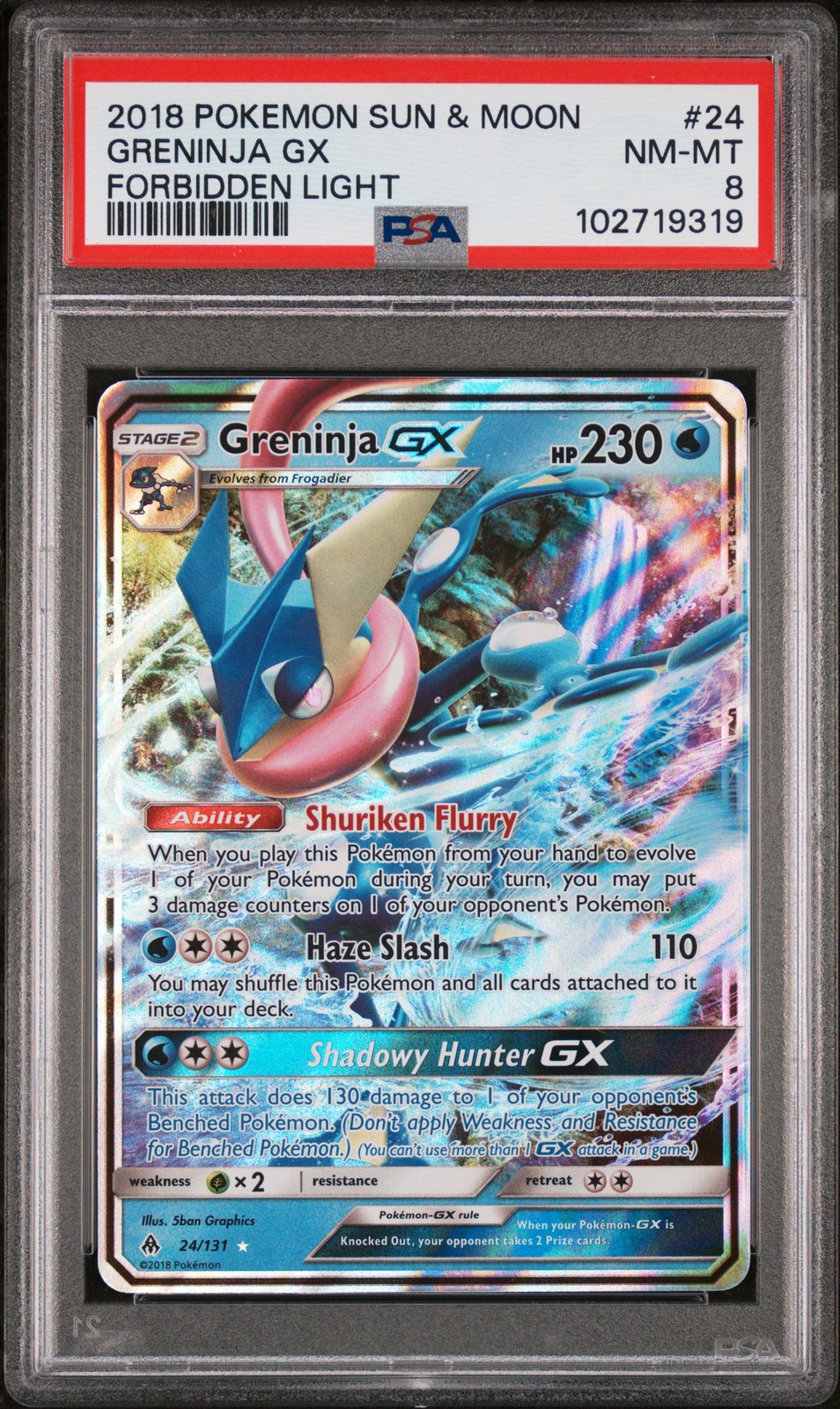 2018 POKEMON SUN & MOON FORBIDDEN LIGHT #24 GRENINJA GX PSA 8