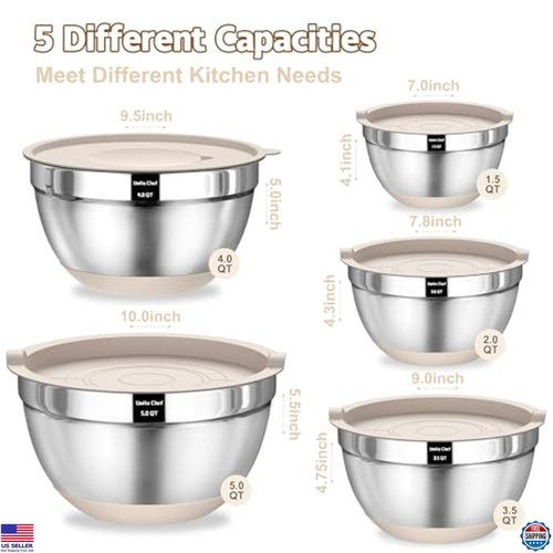 8PCS Stainless Steel Mixing Bowls Set with Airtight Lids & Grater Attachments - Picture 2 of 6