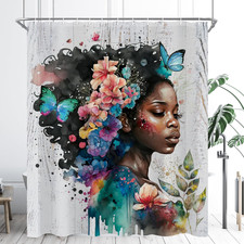 African American Black Girl Shower Curtain 60"X72" Afro Teal Flower Butterfly Sh