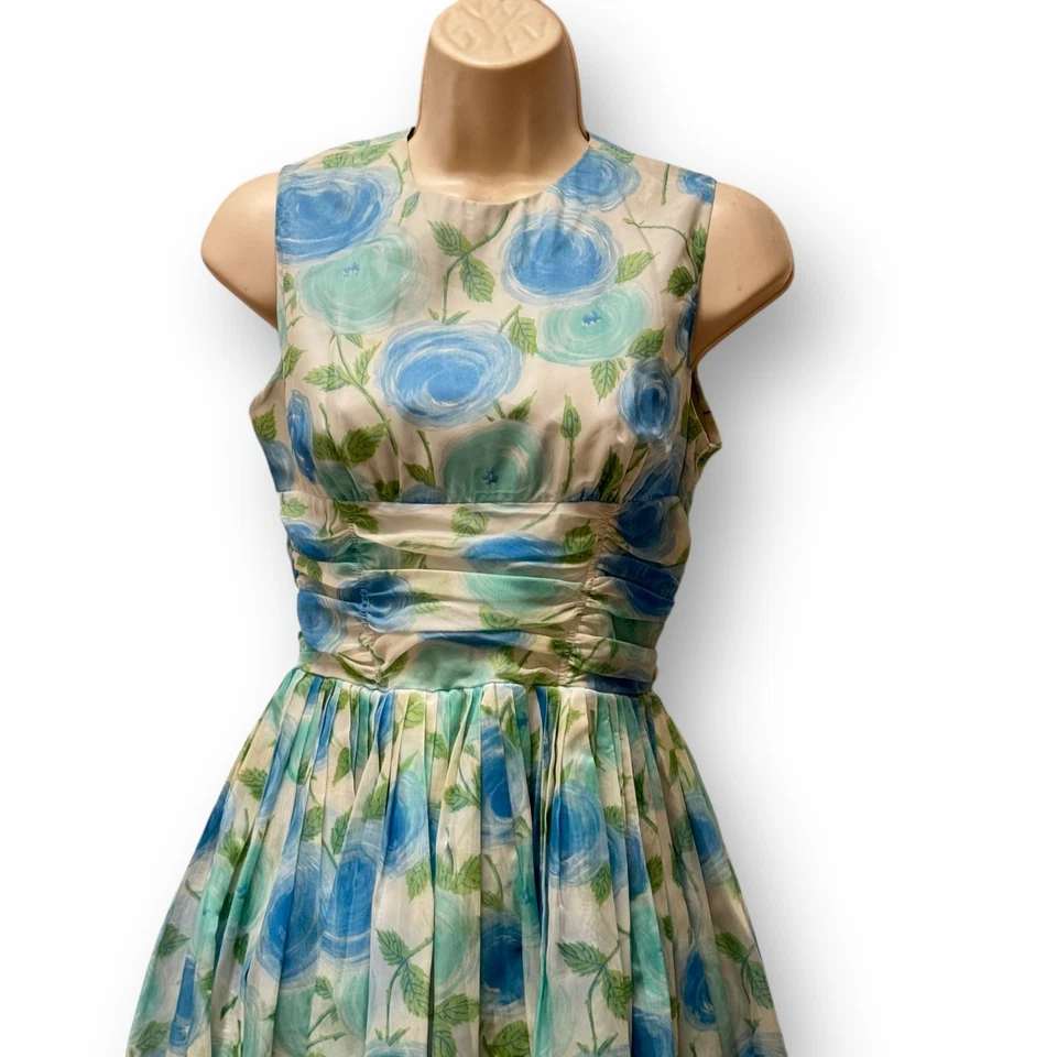 1950s Blue Rose Chiffon Party Tea Dress XS 24” Waist Full Skirt USA Floral VNTG - Image 3 of 4