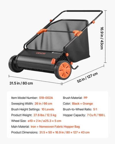 VEVOR Push Lawn Sweeper 26 in Leaf & Grass Collector 7 cu.ft. Hopper Bag Durable image 7