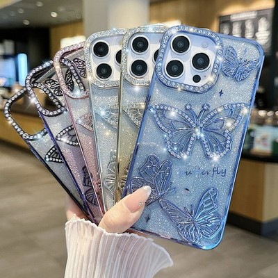 Glitter Butterfly Case Cover For iPhone 17 17e 16 15 14 13 12 11 Pro Max Plus