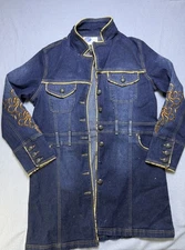 DG2 by Diane Gilman Embroidered Denim Long Coat Jacket Western Style M Blue