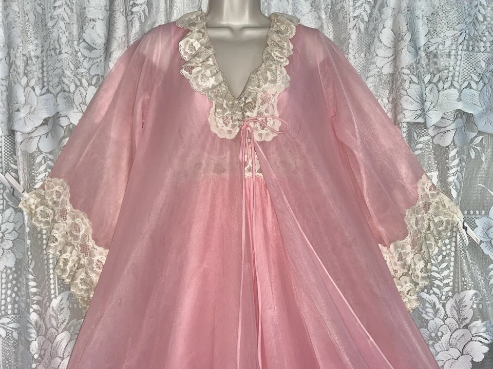 De Colección P S INTIME Rosa Db Chifón Transparente PRINCESA PEIGNOIR Bata Camisón con Encaje CONJUNTO Foto 4 de 4