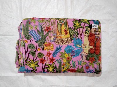Indian Handmade Pink Frida Print Dressmaking, Sewing Running Fabric 7 Yards