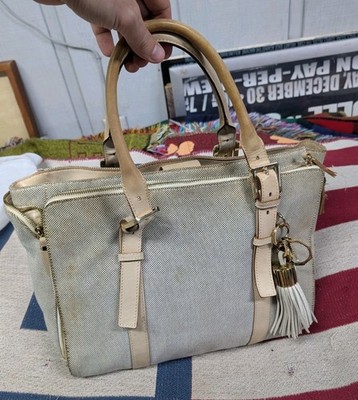 India Hicks Eleuthera Tote Bag Canvas Purse Top Handle Gray Beige 
