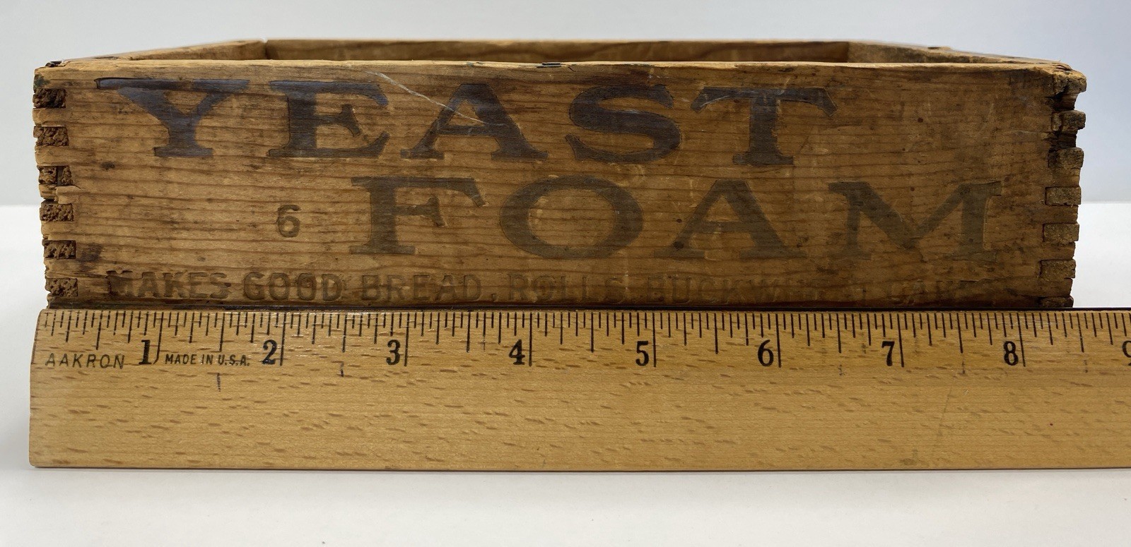 Vintage Wooden Dovetail Box Yeast 6 Foam 8-1/2"  X  5-1/4” x  3-1/4"