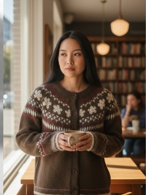 Woman s Fair Isle Cardigan Sweater w/Raglan Sleeves and Faux Wooden Buttons L